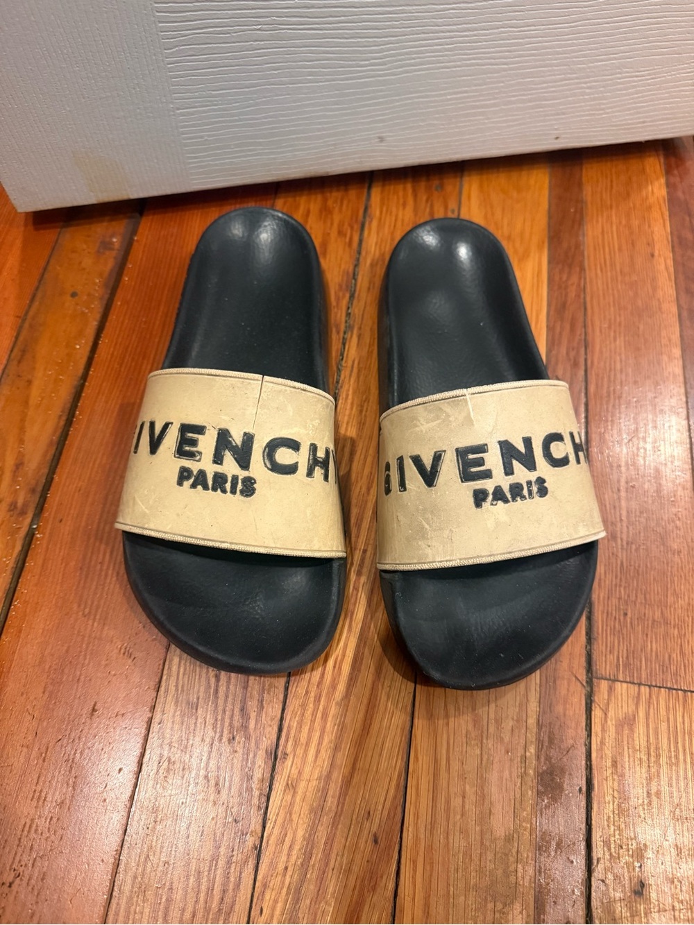 Givenchy Beige and Black Logo Slide Sandals